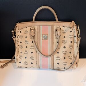 Authentic MCM Cream and Pink Satchel with Monogram Print